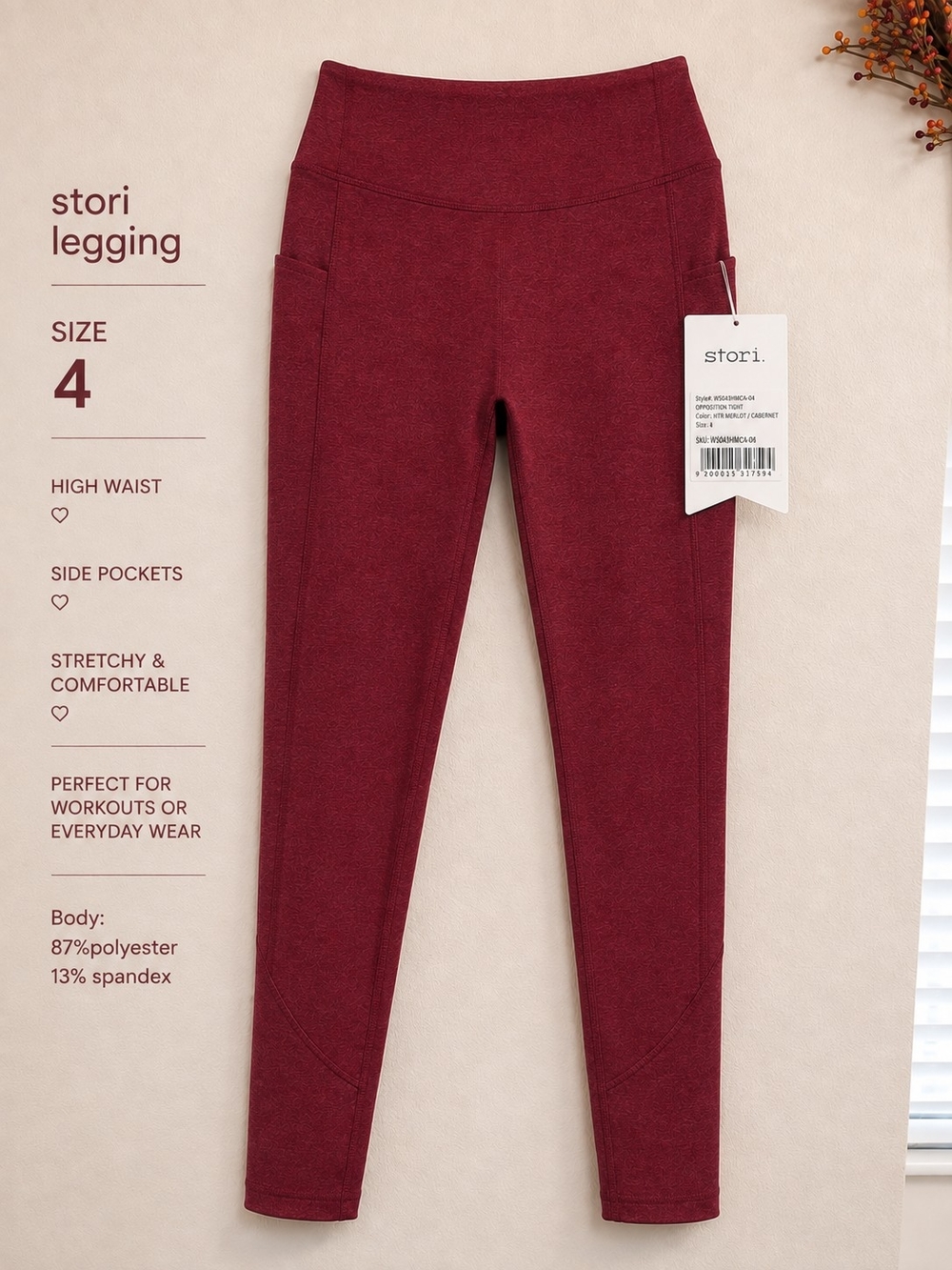 Stori Leggings Sz 4 Heavyweight Double Brush Soft Pockets Burgundy Heather Yoga